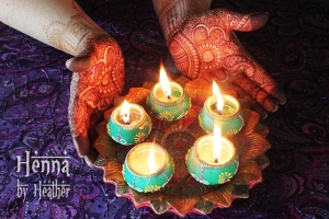 Diwali Mehndi with Diyas  - purple and turquoise