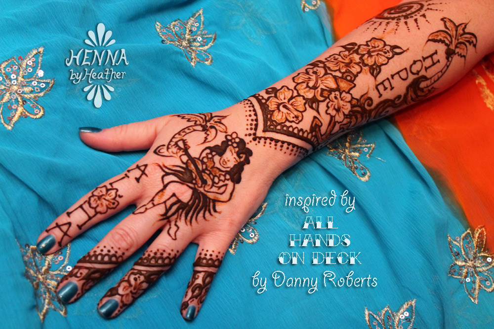 Hawaii-inspired henna design based on motifs from All Hands on Deck by Danny Roberts. Henna and photography by Heather Caunt-Nulton, HennaByHeather.com