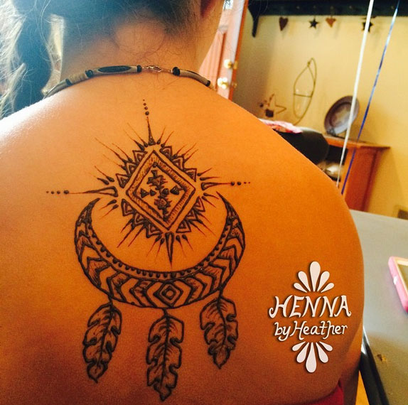 "Aztec" henna design - dreamcatcher with moon and sun symbolism - HennaByHeather.com