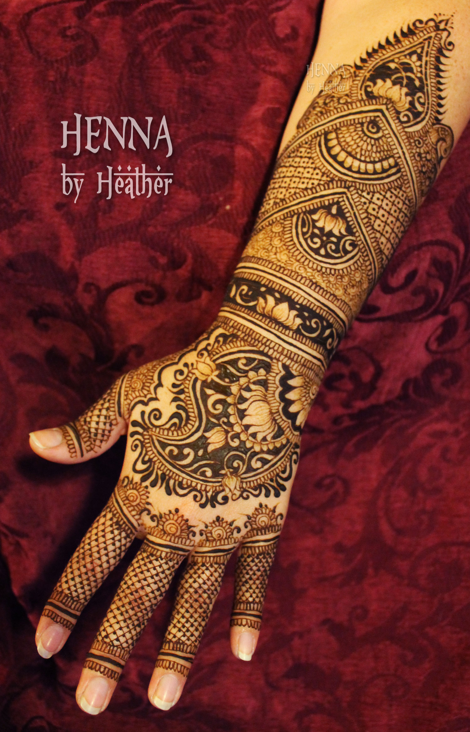 Indian Bridal Mehndi with Lotuses, paisley, and peacocks - www.HennaByHeather.com