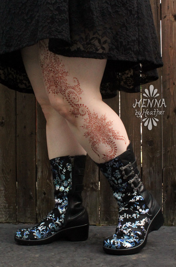 Swirly mandala leg henna / calf design - www.HennaByHeather.com