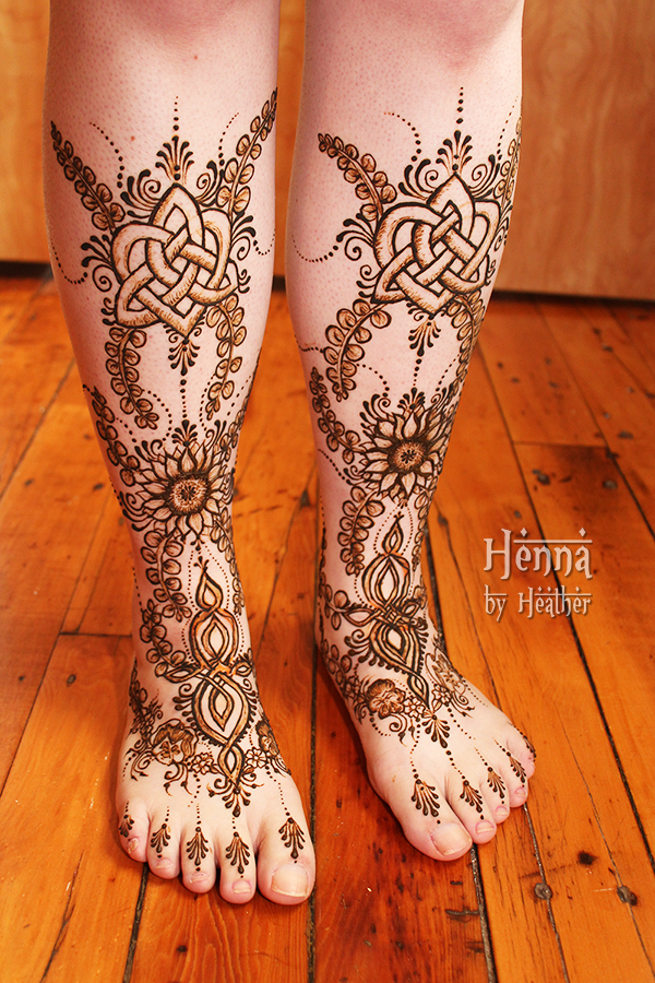 Bridal henna featuring Anam Cara (soul friend) Celtic knot with heart, plus sunflower, eucalyptus, and pansies.