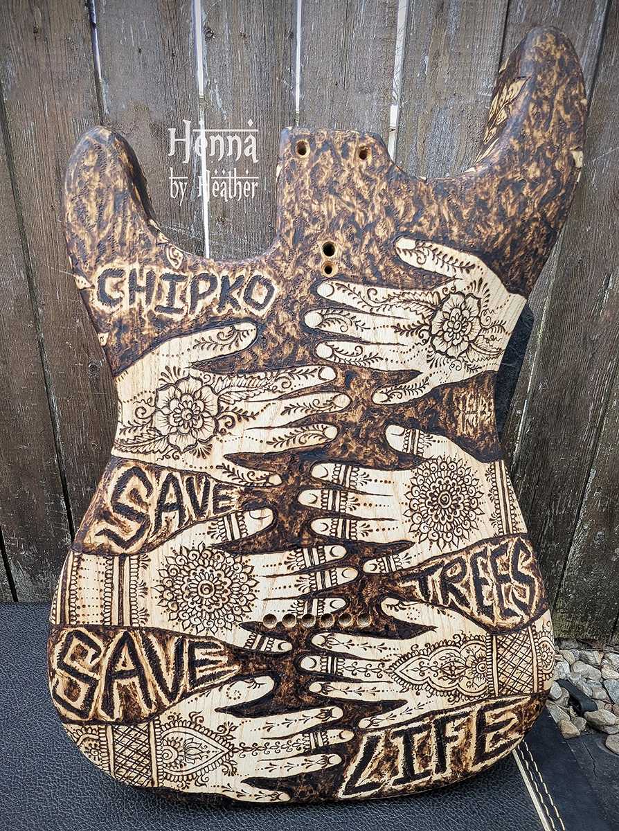 Hennaed Hands Hugging a Tree - Wood Burned Strat Guitar Back by Heather Caunt-Nulton