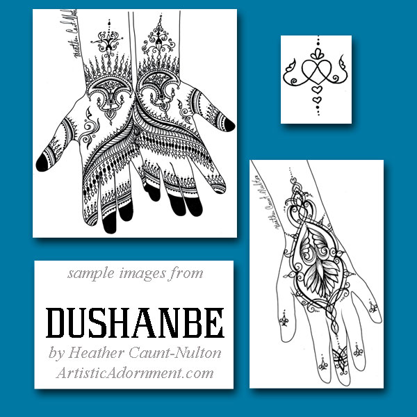 Tajikistani Inspired Henna Designs - free samples of Heather Caunt-Nulton's signature Dushanbe henna style. Image shows three designs - one is line art of the two-hand intricate bridal-level mehndi design that is photographed on the cover that is inspired by a Tajikistani piece of jewelry, one is a simpler more festival-friendly henna piece on a single hand that is inspired by the carved wood columns at the Boulder Dushanbe Tea House, and the third is a super simple cute henna spot design featuring the style of Persian empire knotwork that is carved into the plaster of the walls at the Dushanbe Tea House.