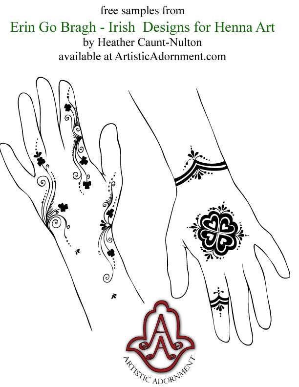 This shows two free sample designs from the ebook Erin Go Bragh by Heather Caunt-Nulton. These Irish and Celtic inspired henna designs feature a Persian Gulf (Khaleeji) style shamrock design, as well as an Indian-inspired Four Leaf Clover Mandala with wrist bracelet and finger ring.